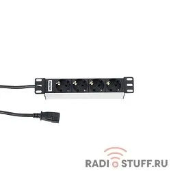 Блок розеток 10", горизонтальный, 4 розетки Schuko, 10 A, вилка C14, 236мм,Hyperline
