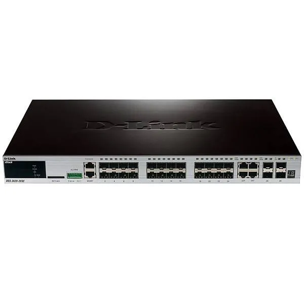 D-Link DGS-3620-28SC/B1AEI PROJ Управляемый стекируемый коммутатор уровня 3 с 20 портами SFP, 4 комбо-портами 10/100/1000Base-T/SFP, 4 портами 10GBase-X SFP+, в комплект поставки входит ПО EI image